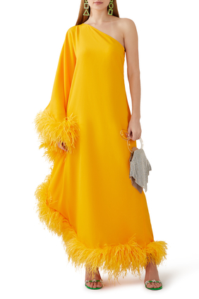 Ubud One-Shoulder Feather-Trimmed Dress